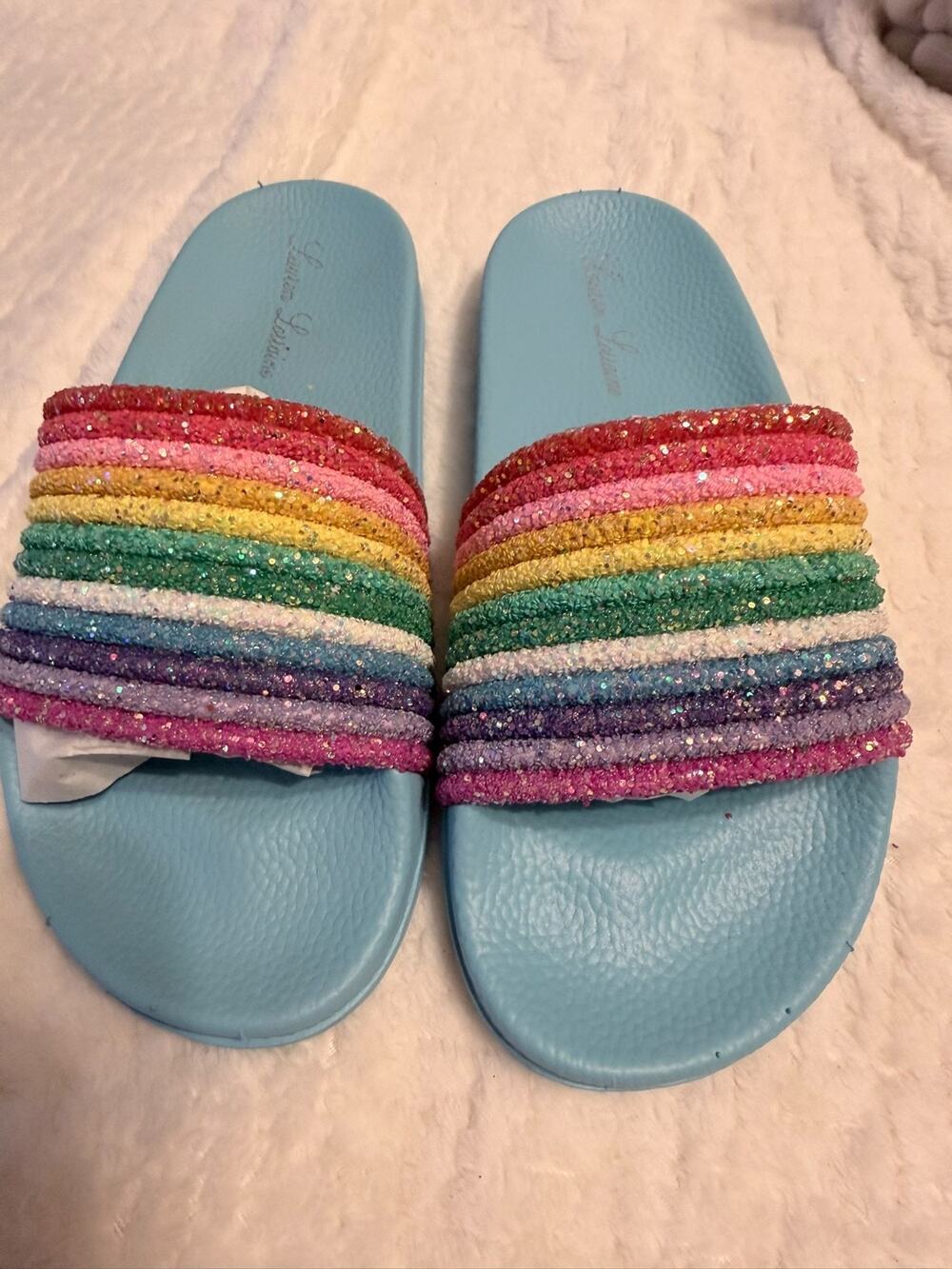 Lauren Lorraine RIA Sandals Blue Rainbow Slide Womens Size 10 NIB Sparkle